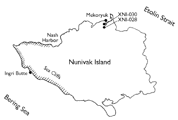 Most locations discussed in this paper are near Mekoryuk on the northeast coast of the island